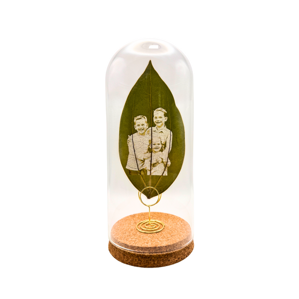 Glass Dome Custom Leaf Engraving Gift – Real Leaf Photo Art on Cork Base Display