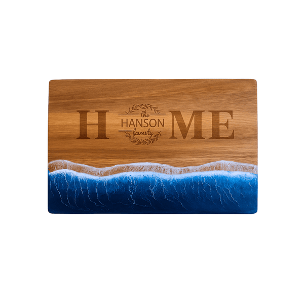 Personalized Family Name Cutting Board: Engraved Acacia Wood & Ocean Resin Art - Memo Prints