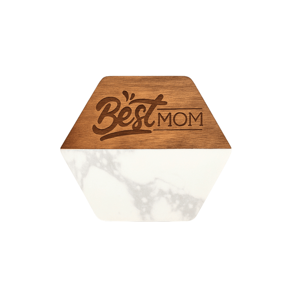 Personalized Marble & Wood Coaster: Custom Engraved Hexagon Gift Set - Memo Prints