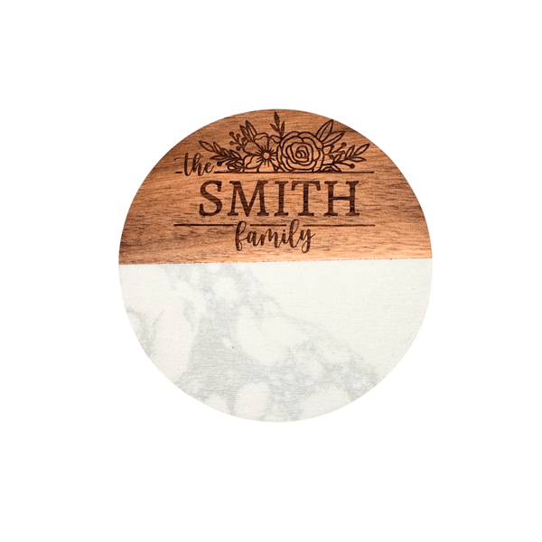 Personalized Round Marble Wood Coaster: Custom Engraved Gift Set - Memo Prints